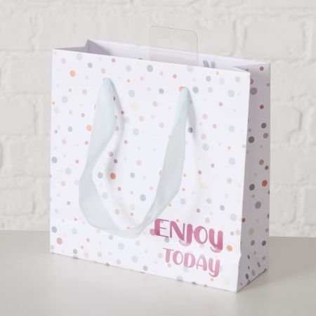 Geschenktüte Lavina, H 17 cm, Gepunktet, Mehrfarbig, Spruch/Text, Rundumdruck, Hellgrün, Weiß, Papier, Polyester