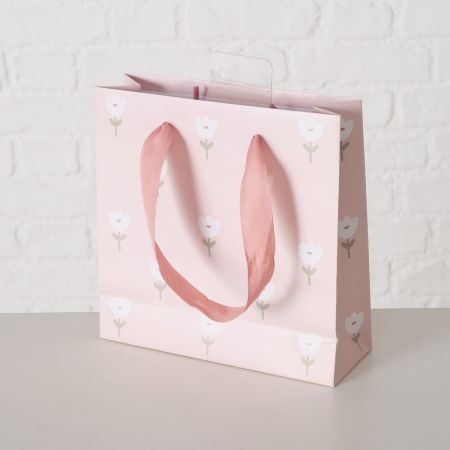 Geschenktüte Gardenlove, H 17 cm, Blumen, Mehrfarbig, Hellrosa, Weiß, Papier, Polyester