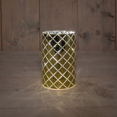 CYLINDER GLAS DIAMANT PATROON 8LED WARM WIT OP BATTERIJ MET TIMER D10H15CM GLIMMEND GOUD