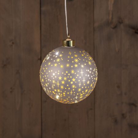 B.O.T. GLAS BAL MAT CHAMPAGNE MET STERREN 12CM /LED WARM WIT 2XAAA MET TIMER