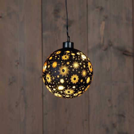 B.O.T. GLAS BAL MAT ZWART KOSMOS 10CM / LED WARM WIT/ BINNENKANT GOUD 2XAAA MET TIMER