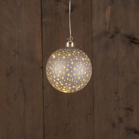 B.O.T. GLAS BAL MAT CHAMPAGNE MET STERREN 10CM /LED WARM WIT 2XAAA MET TIMER