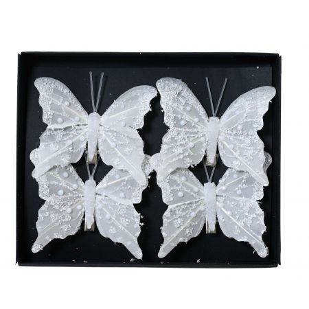 Vlinder veer op clip winterwit L.8cm x W.6cm x H.1cm