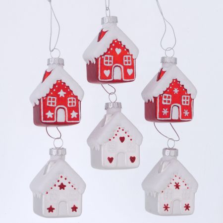 Weihnachtsanhänger Nellas, 6-sortiert Haus, L 5 cm, H 7,5 cm, Glitzer, Matt