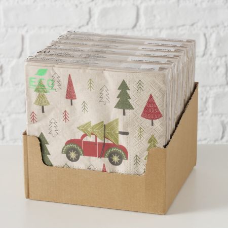 Servietten Reddy Eco, 20-teilig, Thekendisplay, Mehrfarbig, Motiv, Weihnachtsbaum, Auto, Grün, Rot, Beige