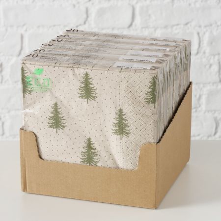 Servietten Platina, 20-teilig, Thekendisplay, Mehrfarbig, Motiv, Weihnachtsbaum, Geometrisch, Grün, Beige