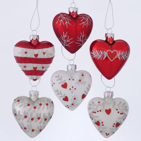 Weihnachtsanhänger Mavina, 6-sortiert Herz, L 8 cm, H 10 cm, Glitzer, Matt