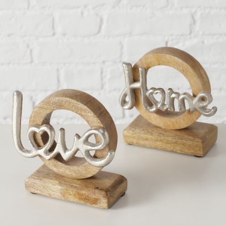 Schriftzug Love Home, 2-sortiert Rund, B 5 cm, H 12,4 cm, Mango (Mangifera indica), Aluminium vernickelt