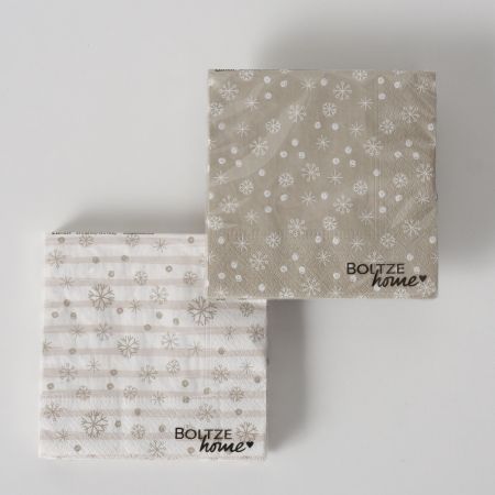 Servietten Snowflake, 20-teilig, 2-sortiert, Gestreift, Mehrfarbig, Motiv, Schneeflocke, Beige, Weiß, Papier