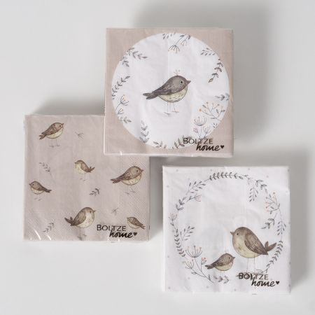 Servietten Wrennie, 20-teilig, 3-sortiert, Mehrfarbig, Motiv, Vogel, Ast, Beige, Braun, Naturfarben, Papier